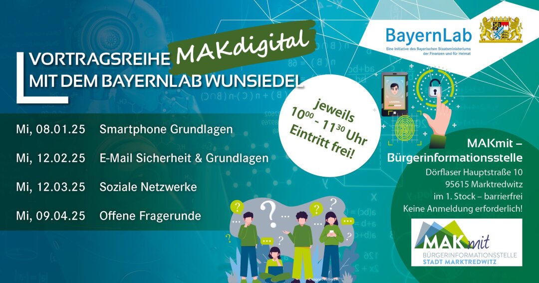 Termingrafik für MAKdigital, eine Veranstaltungsreihe, die durch Kooperation mit dem Fachbereich Soziales der Stadt Marktredwitz und dem BayernLab Wunsiedel in den Räumen der MAKmit Bürgerinformationsstelle stattfindet.